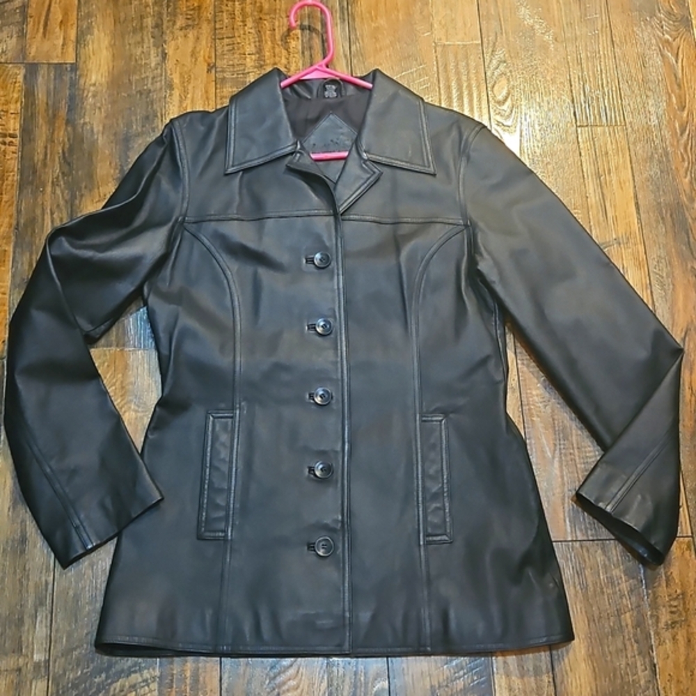 Jacqueline  Ferrar Women's Black Leather Pea Coat‎ Jacket. Size L